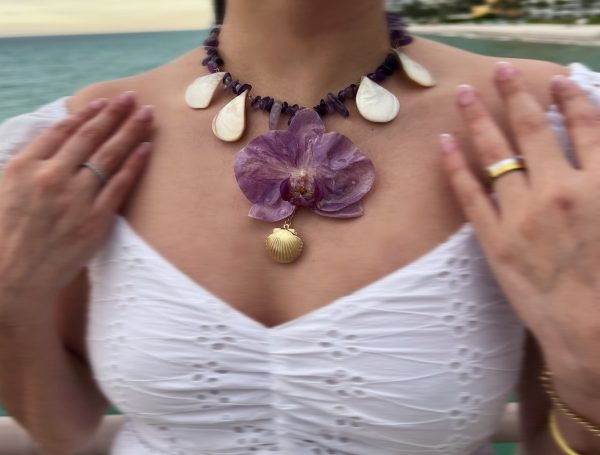 Paulina Altuve with Blush Siren Orchid Necklace – Handcrafted with Pink Orchid, Amethyst, and Mother-of-Pearl