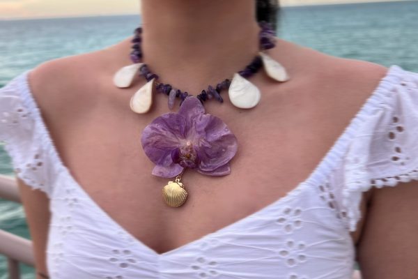 Paulina Altuve with Blush Siren Orchid Necklace – Handcrafted with Pink Orchid, Amethyst, and Mother-of-Pearl