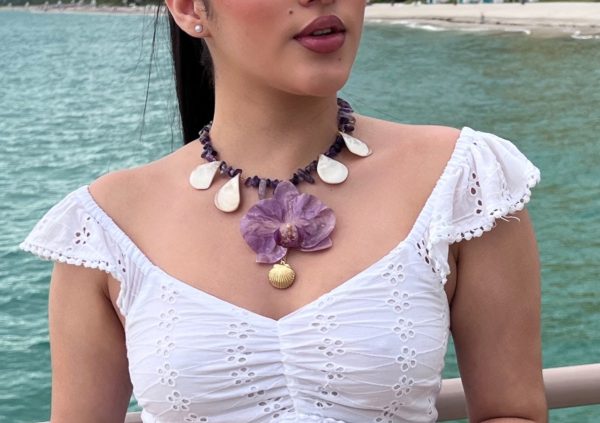 Paulina Altuve with Blush Siren Orchid Necklace – Handcrafted with Pink Orchid, Amethyst, and Mother-of-Pearl