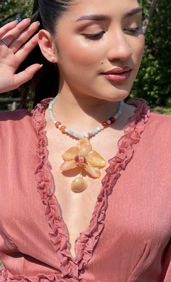 Paulina Altuve Modeling Sunset Tide Orchid Necklace – Handcrafted with Carnelian, Amazonite & Real Shell Accent
