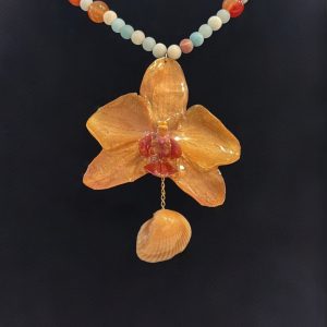 Sunset Tide Orchid Necklace – Handcrafted with Carnelian, Amazonite & Real Shell Accent