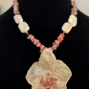 Coral Glow Orchid Necklace – Handcrafted with Freshwater Pearls & Sunstone Chips